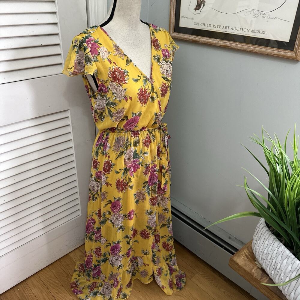 Band of Gypsies Dress Medium Yellow Floral Maxi Faux Wrap Garden Party Fairy - Picture 4 of 12